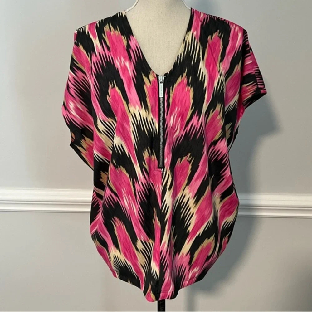 Michael Kors Cap Sleeve Ikat Print - Pink, Black, Tan - V-neck Zip Top, Size S
